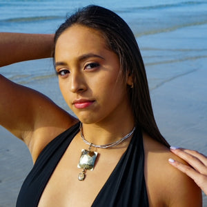 Three Loops Silver Double Chain Choker enhanced by a Silver hand made hammered pendant and an Ammonite Fossil framed in Silver approx. 10"