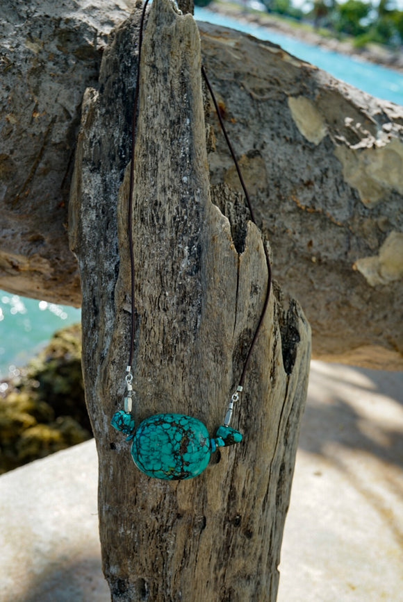 Blue Turquoise on Leather Necklace.