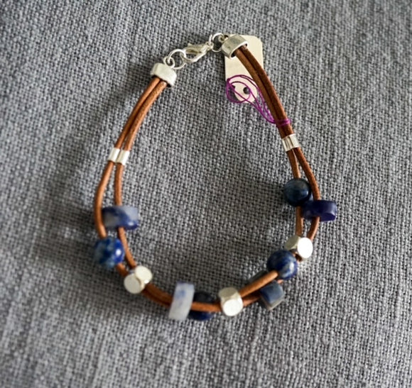 Leather Bracelet with Lapis Lazuli and silver accents