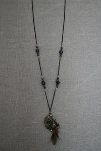 Jade, Lapis Lazuli and Agate on a Black Chain Necklace enhanced with a feather.