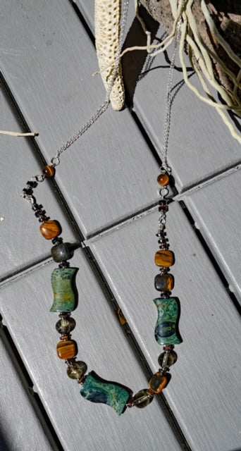 Sterling Silver Necklace Featuring, Green Quartz, Petrified Wood from Madagascar and Topaz