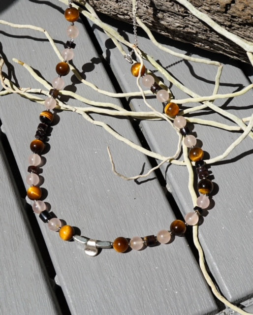 Sterling Silver Necklace Featuring Pink Quartz, Tiger Eye and Fossil Wood