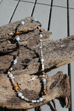 Aquamarine and Tiger Eye enhanced with Shell and Wood Silver Necklace