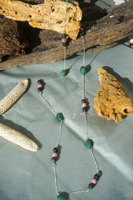 Green Quartz, Jade and Pink Jasper on Sterling Silver Necklace