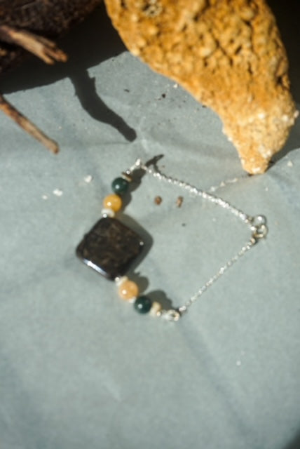 Fossilized Wood, Jade and Citrine Sterling Silver Bracelet.