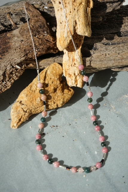 Pink Jasper, Jade, Rose Quartz, enhanced with Black Coral on Sterling Silver Necklace