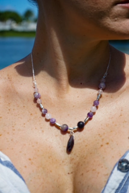 Amethyst Pendant and Beads, Rose Quartz on Sterling Silver Necklace
