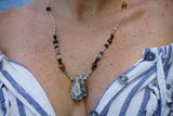 Agate Pendant, Tiger Eye enhanced by Black Coral and Shells Sterling Silver Necklace