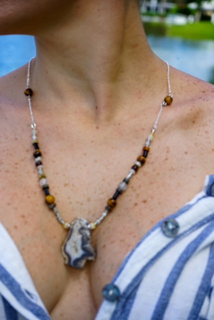 Agate Pendant, Tiger Eye enhanced by Black Coral and Shells Sterling Silver Necklace