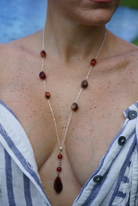 Agate Pendant and Beads enhanced by Amber Beads on Sterling Silver Necklace