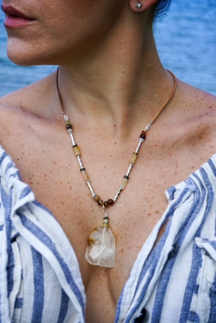 Crystal Stone Pendant enhanced with Agate beads, Citrines and Shells Rope Necklace