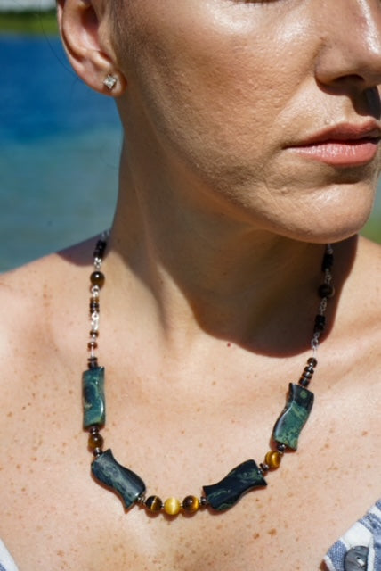 Green Agate and Tiger Eye enhanced with Wood on a Sterling Silver Necklace