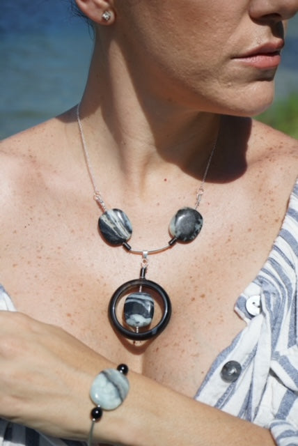 Sterling Silver Necklace featuring Black Onyx and Agates