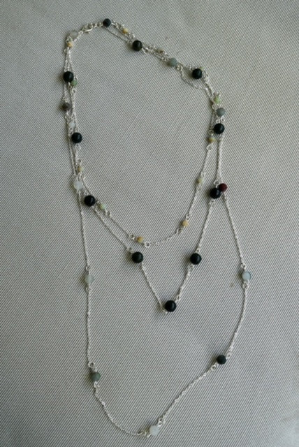 Three Sterling Silver Strand Necklace with Jade, Australian Opal and African Red Jasper.