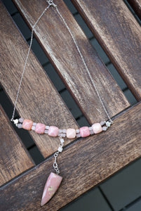 Peruvian Pink Opal Pendant and Rose Quartz Sterling Silver Necklace