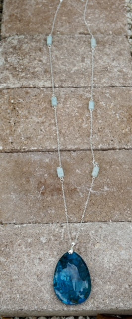Aquamarine and Sterling Silver Necklace with a Fossilized Coral Drop