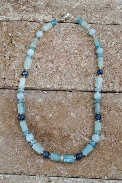 Aquamarine, Sapphires Enhance with center Diamond Rondel Silver Necklace