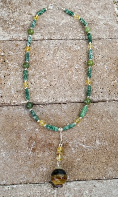 Citrine, Green Jasper, Jade and Fossilized Madagascar Wood and Silver Necklace