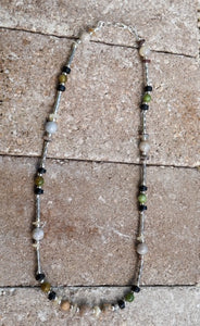 Men's Agate, Jade, Onyx and Fossilized Shell Silver Necklace