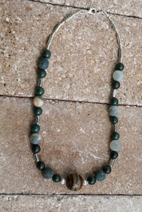 Jade, Green Jasper and enhanced with center Madagascar Wood Sterling Silver Necklace