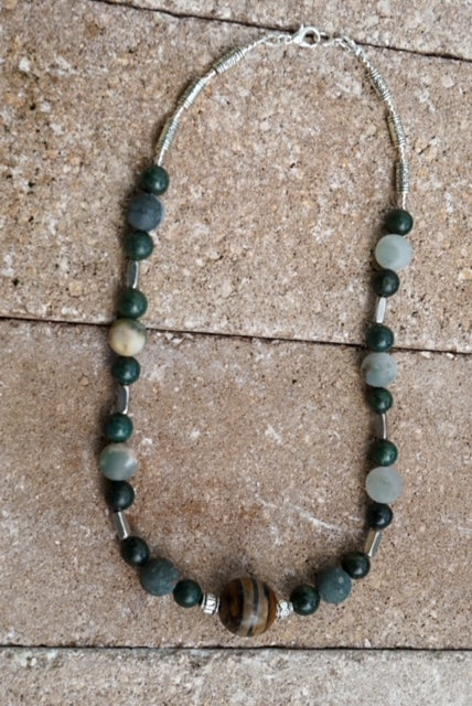Jade, Green Jasper and enhanced with center Madagascar Wood Sterling Silver Necklace