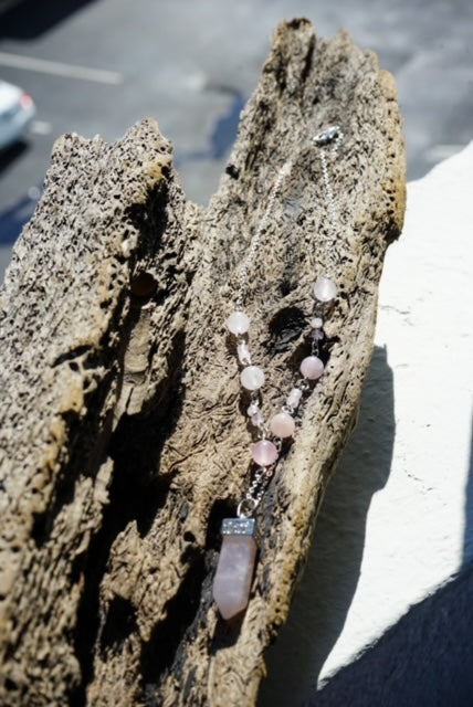 Sterling Silver Necklace enhanced with Pink Quartz and Pink Peruvian Opal Drop