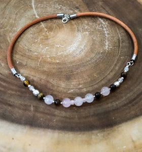 Pink Quartz, Tiger Eye and Sterling Silver enhancements on a Rope Necklace