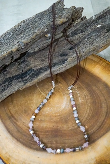 Agate and Pink Quartz Enhanced with Sterling Silver in a Rope Necklace