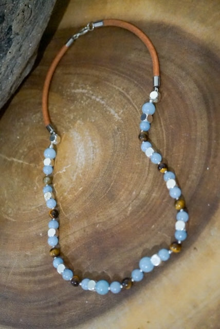 Aquamarine and Tiger Eye Beads on a Rope Necklace