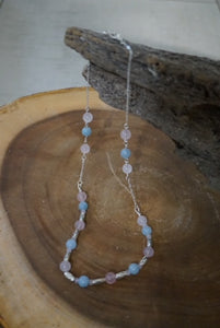 Aquamarine and Pink Quartz Sterling Silver Necklace