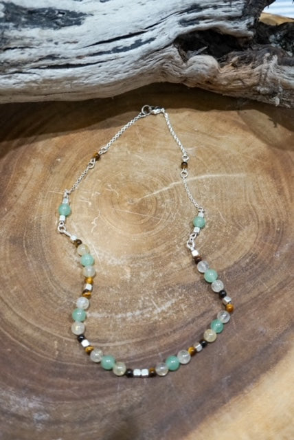 Sterling Silver Necklace enhanced with Jade, Tiger Eye and Topaz