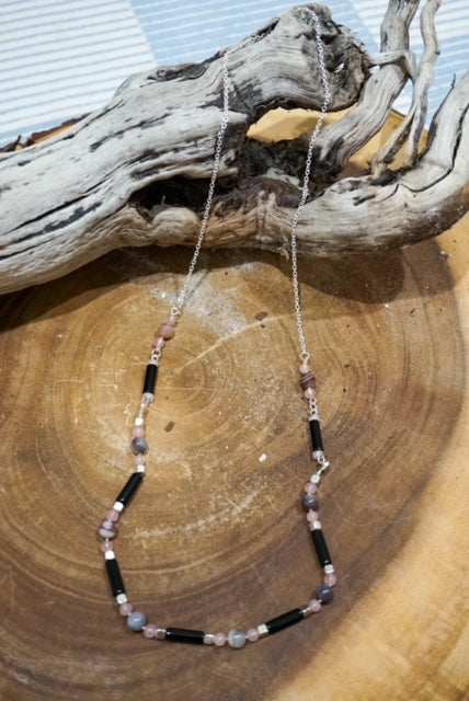 Sterling Silver Necklace enhanced with Onyx Agate and Pink Quartz