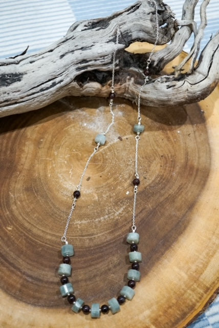Sterling Silver Aquamarine and Garnet Necklace