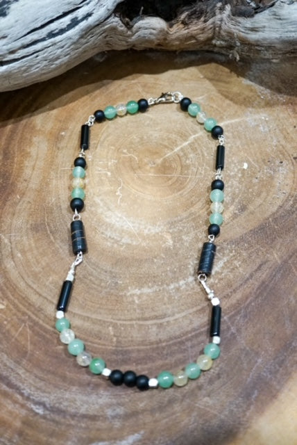 Sterling Silver Necklace enhanced with Onyx, Jade, Topaz and Leather