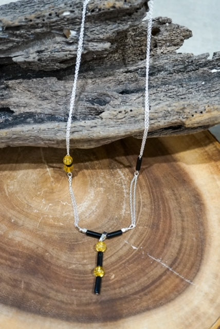 Sterling Silver Necklace featuring Black Onyx and Citrine Stones