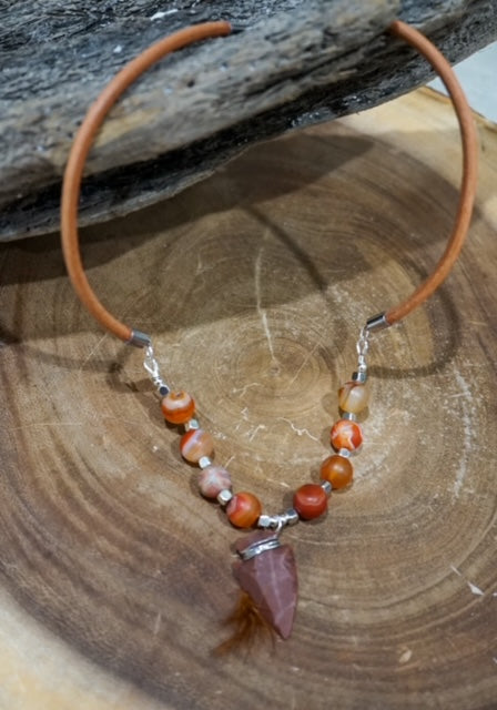 Agate, Arrowhead and Leather Rope Necklace
