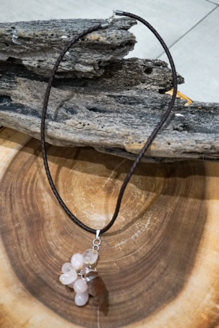 Leather Necklace with Rose Quartz and Arrowhead Pendant