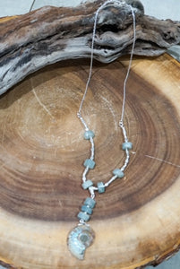 Sterling Silver Necklace with Aquamarine and Ammonite Fossil Pendant