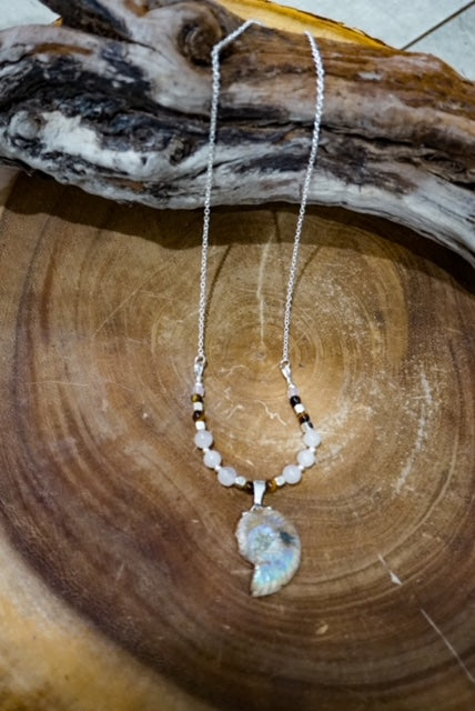 Sterling Silver Necklace with Rose Quartz, Tiger Eye and enhanced with Ammonite Stone