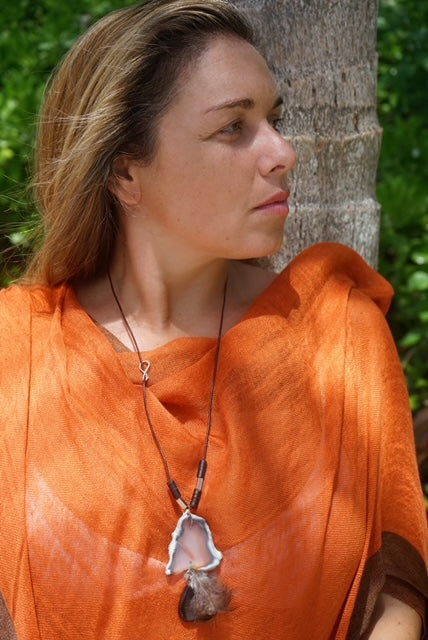 Agates enhanced by a Feather Silver Accents on a Rope Necklace