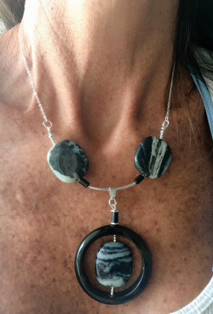 Onyx and Agate enhanced by black Coral on Sterling Silver Necklace