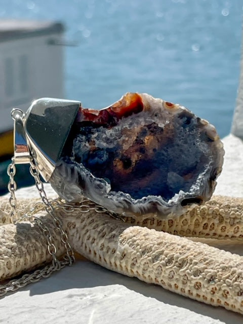 In its natural form Agate Druse Pendant on Sterling Silver Necklace