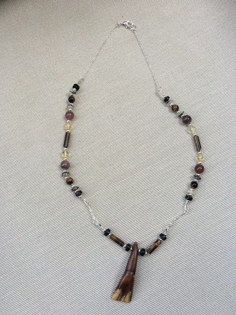 Agate, Citrine, Onyx, Shells and Tiger Eye Enhanced with African Boar's Tooth Necklace